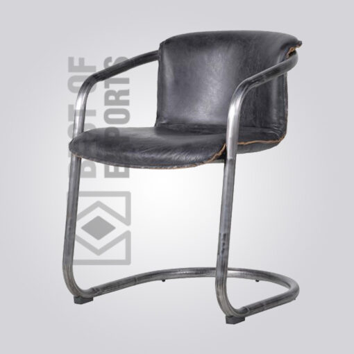 Industrial Arm Chair With Black Leather Seat