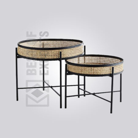 Round Cane Side Table Set