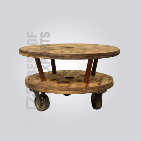 Antique Round Industrial Coffee Table with Wheels