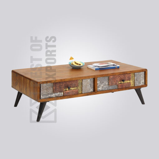 Wooden Coffee Table with Metal Cladding Drawers