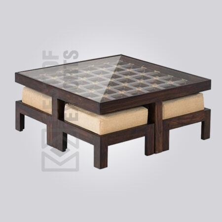 Wooden Glass Top Coffee Table with Stools